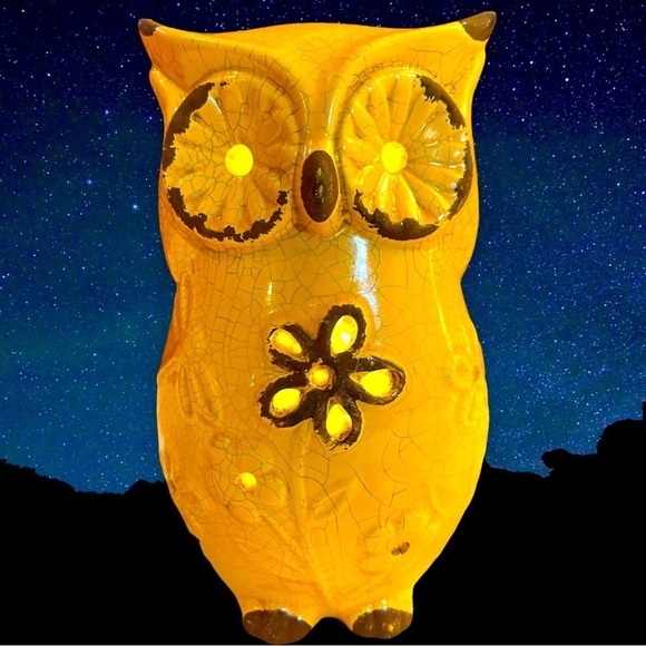 Ceramic Mustard Yellow Owl Floral Relief Luminary with LED Lights Home Decor - Picture 1 of 8